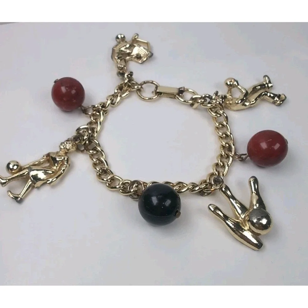 Vintage Bowling Gold Tone Charm Bracelet Classic Costume Jewelry Sports